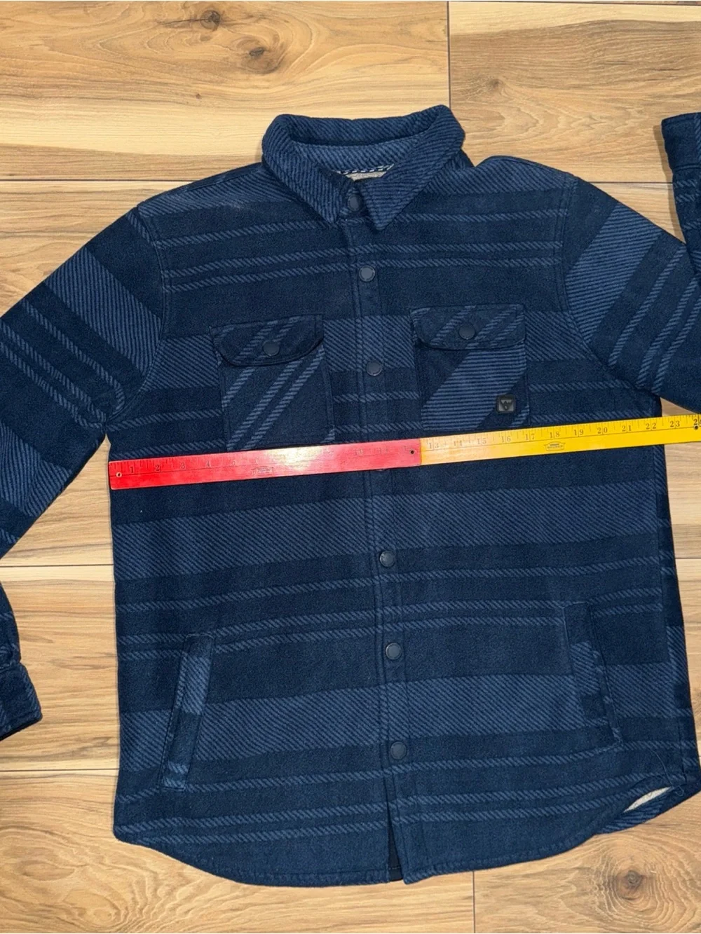 Voyager L Fleece Lined Shirt Jacket Blue Stripe Snap Front Shacket Flannel Aztec